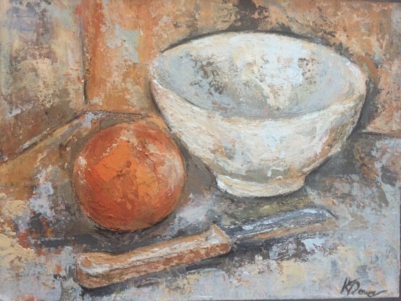 White bowl, orange, knife by Kay Dower